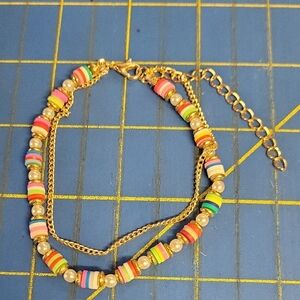 Colorful Beaded Bracelet with Gold Accents 8" + 4" Ext. Anklet New